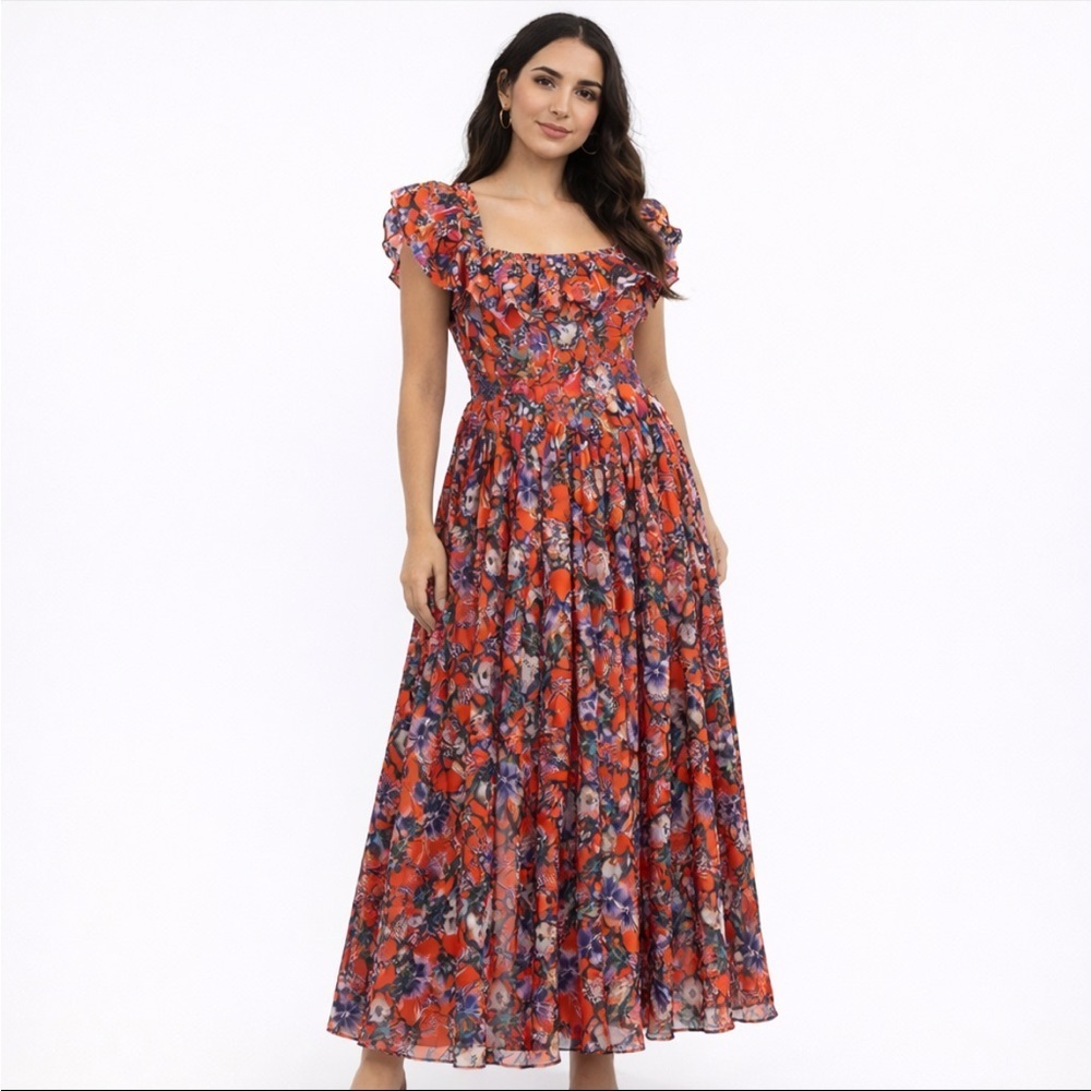 Chelsea&Theodore Peasant Maxi Dress Voile Red Multi Adjustable Neckline 3X Boho